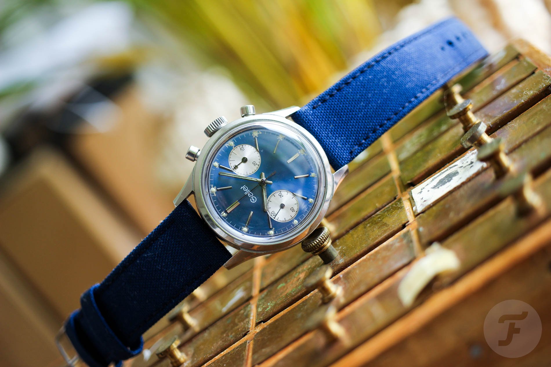 A Puzzling Late Blue-Dial Gallet Chronograph A Puzzling Late Blue-Dial Gallet Chronograph