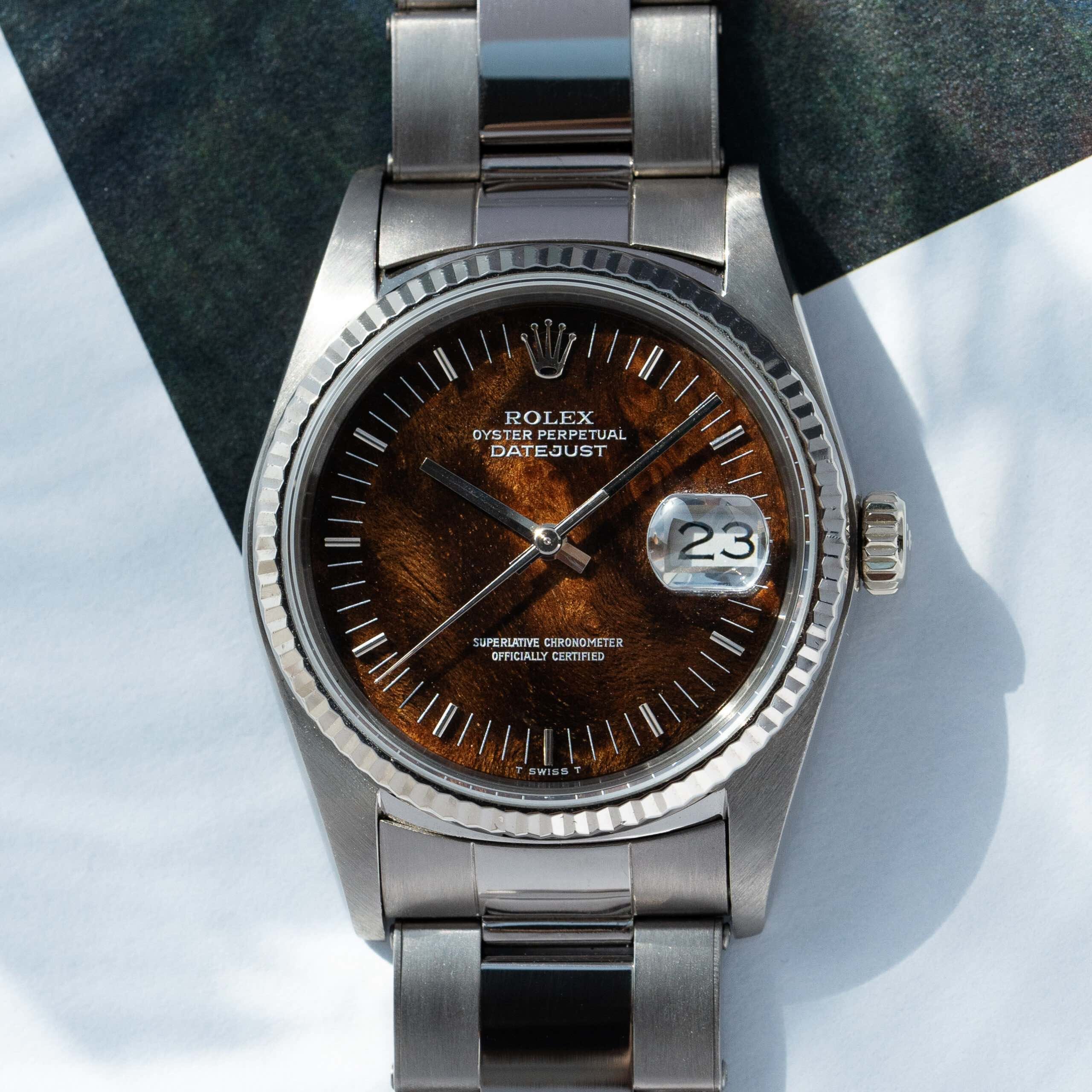 【F】 A White Gold Rolex Datejust With A Burl Wood Dial